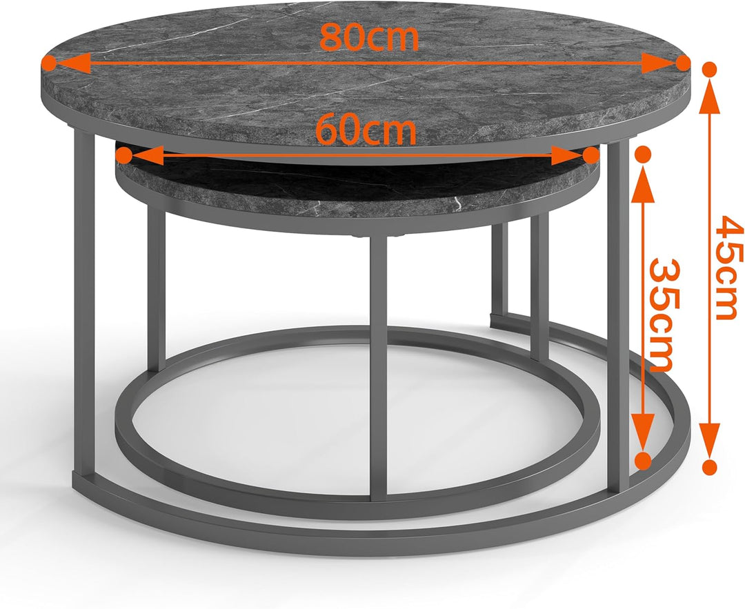 hitsuki Couchtisch Rund 2er Set, Marmor Couchtisch Grau Metallgestell Wohnzimmertisch Grau, Beistell