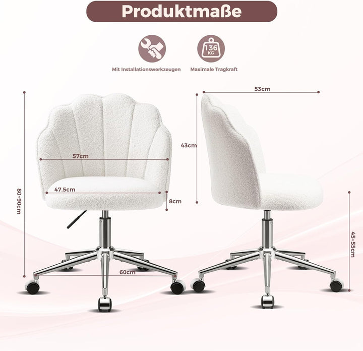 Schminktisch Stuhl mit Rollen, Drehstuhl für Mädchen, Muschelstuhl für Schlafzimmer und Home Office，