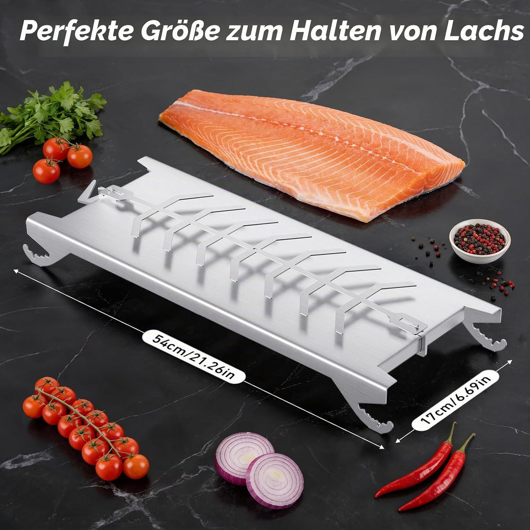 Flammlachsbrett Edelstahl 54×17cm, Flammlachshalter für Feuerschale Keine Schrauben nötig, 180° Dreh