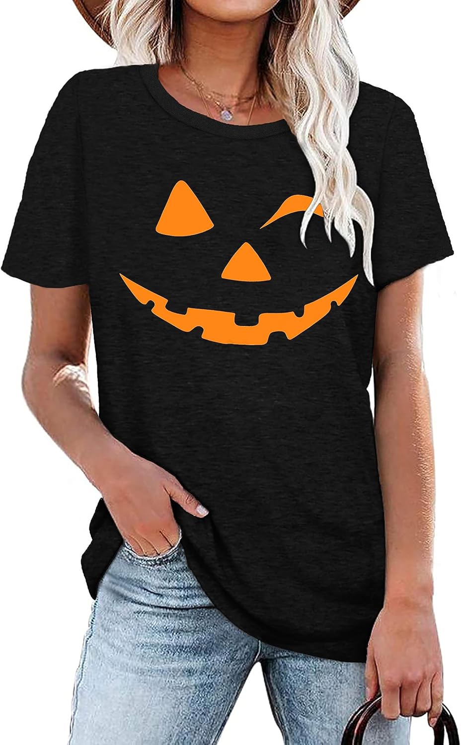 Damen Halloween KüRbisgesicht T-Shirt Frauen KüRbis Shirt Herbst Karneval Shirts M Schwarz, M Schwar
