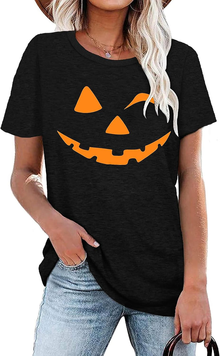 Damen Halloween KüRbisgesicht T-Shirt Frauen KüRbis Shirt Herbst Karneval Shirts M Schwarz, M Schwar