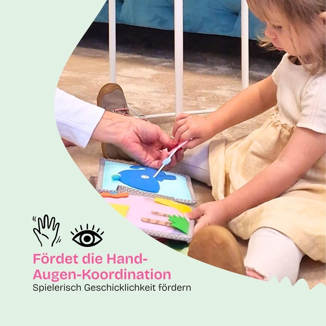 Jolly Designs Mini Quiet Book Dösender Löwe – Montessori Spielzeug ab 1 Jahr – Stoffbuch & Busy Book
