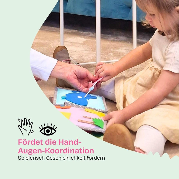 Jolly Designs Mini Quiet Book Dösender Löwe – Montessori Spielzeug ab 1 Jahr – Stoffbuch & Busy Book
