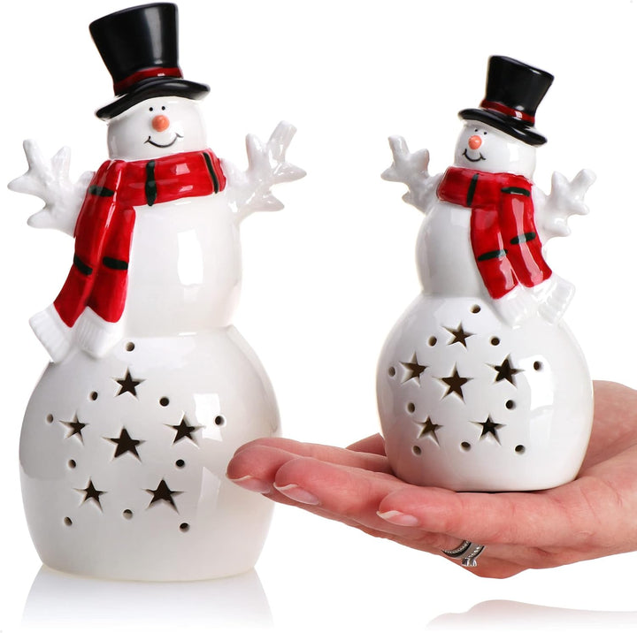 COM-FOUR® 2X LED Schneemann als dekorative Beleuchtung - Lichterstatue - Weihnachtsfigur aus Keramik