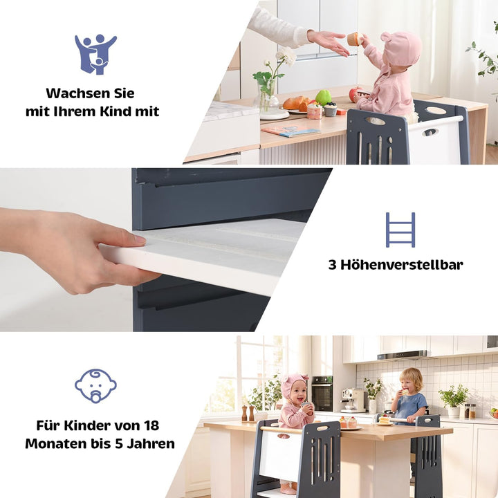 Kleinkind Tritthocker Kinderhocker, Toddler Tower & Lernhocker mit Sicherheitsbarriere, Kippschutz u