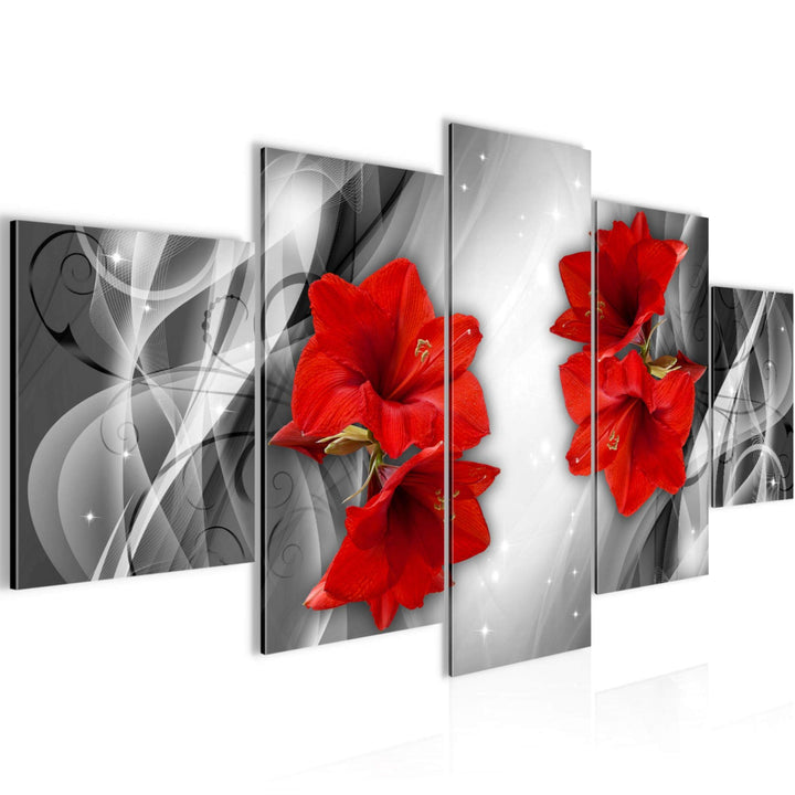 Runa Art Wandbilder Blumen Lilien 5 Teilig Bild auf Vlies Leinwand Deko Wohnzimmer Abstrakt Grau Rot
