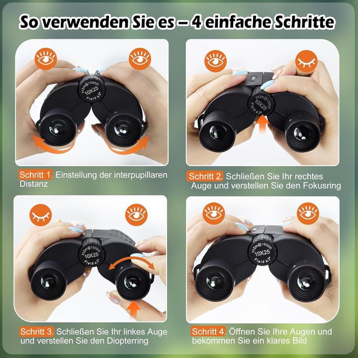 Fernglas für Erwachsene und Kinder, 10x25 Kompaktes Kleines Fernglas mit HD Linsen, Leicht, mit Gürt