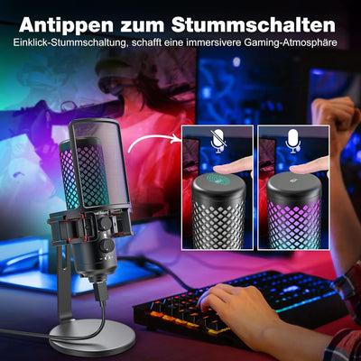 zealsound Gaming Mikrofon PC, RGB Ganzmetall USB Kondensator Mikrofon mit Adapter für Handy, Stumm/G