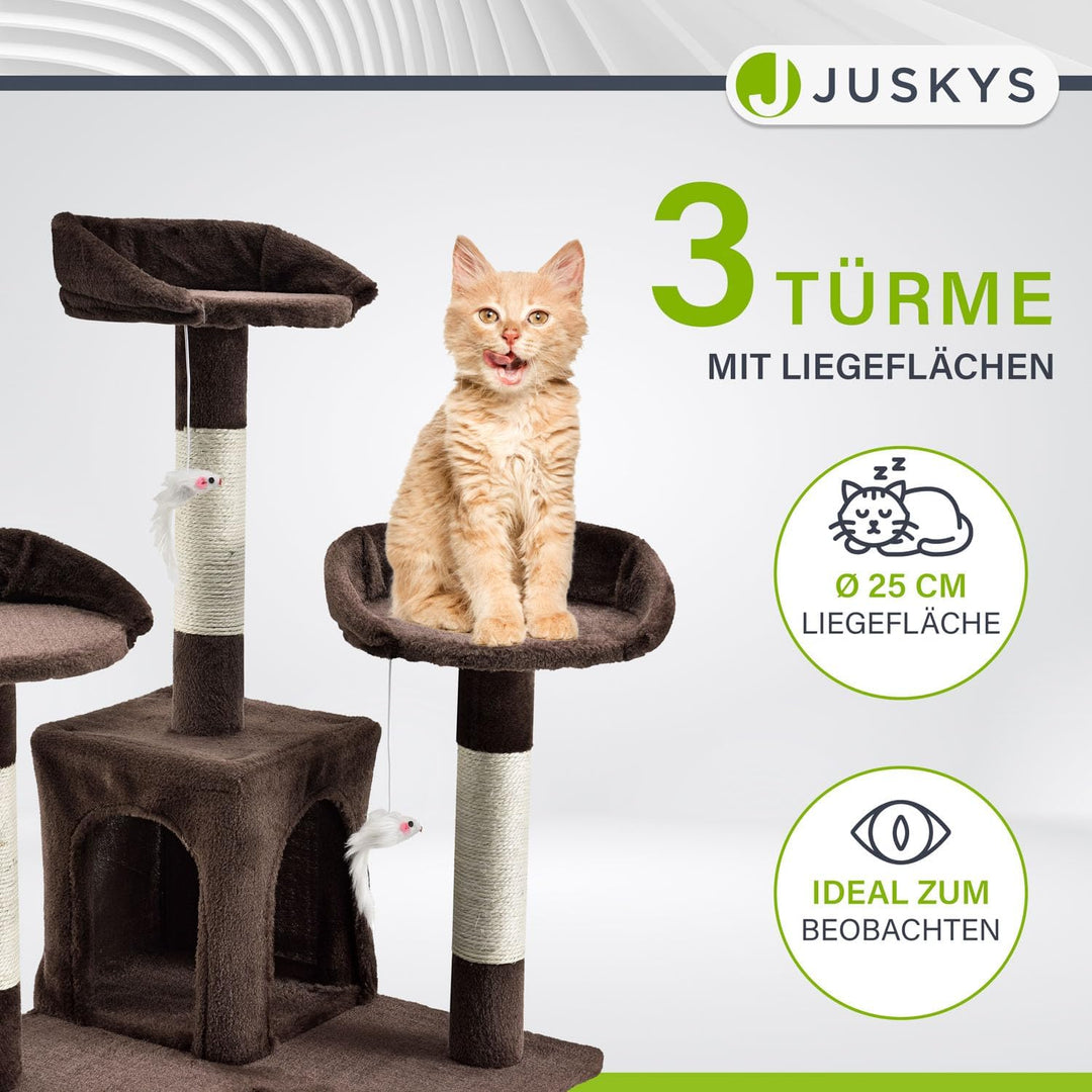 Juskys XXL Kratzbaum Amy braun — Katzenbaum mit Höhlen, Liegeflächen, Leitern & Sisal-Stämmen — Stab