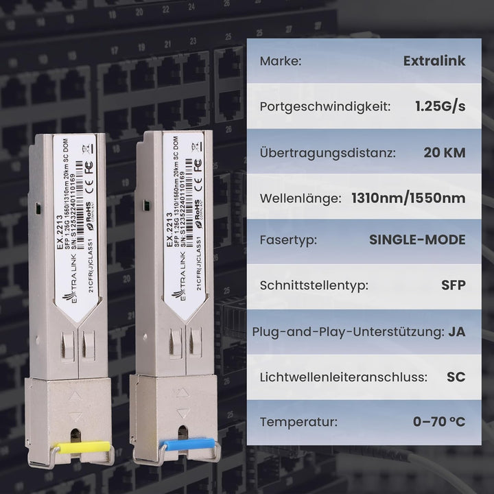 Extralink WDM SFP Modul Singlemode 1.25G SC 1310/1550nm bis 20km – Kompatibel mit Ubiquiti UniFi Net