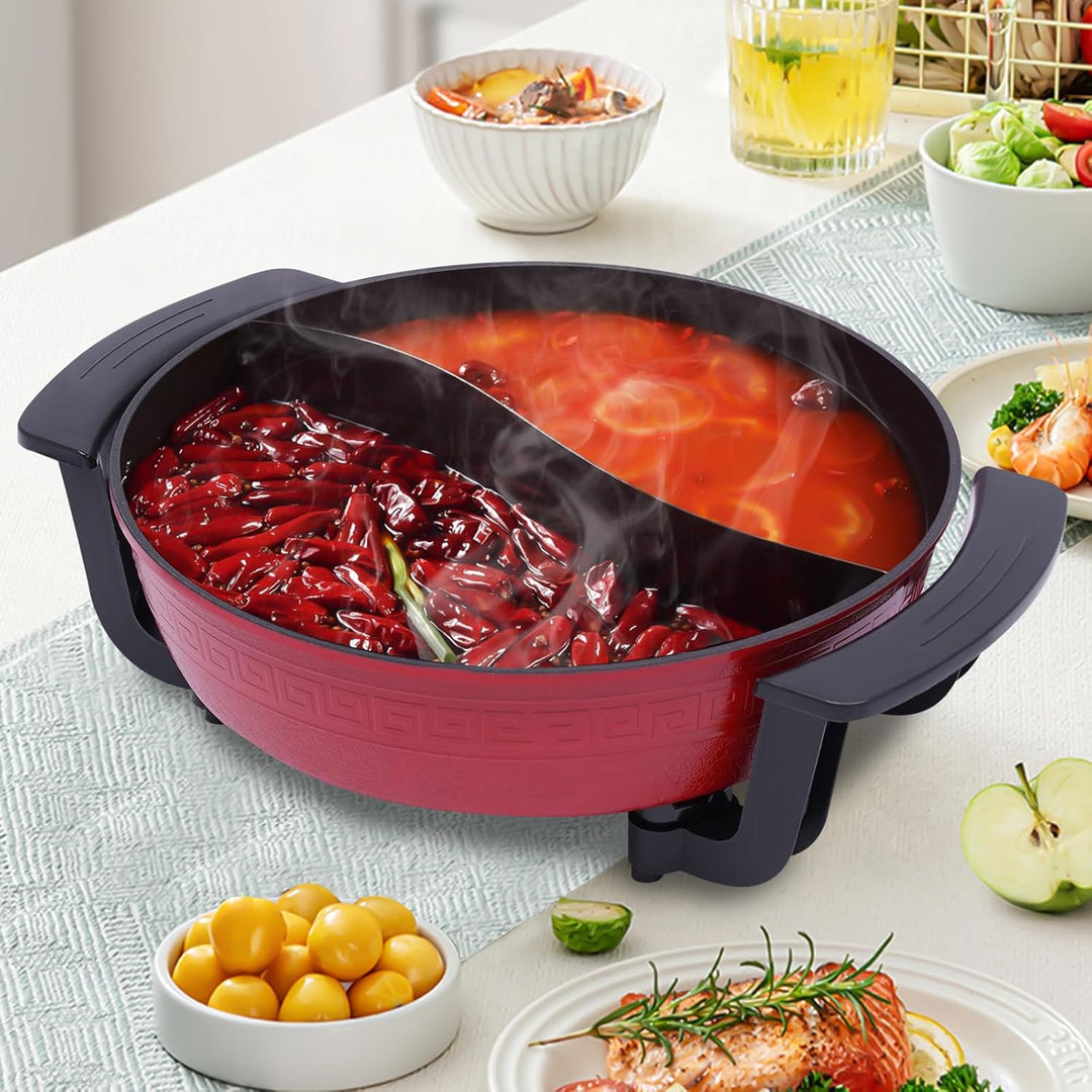 1360W Hot Pot Kochtopf 6L Feuertopf Suppentopf Twin Hot Pot Shabu Chinesischer Fondue mit Deckel & 5
