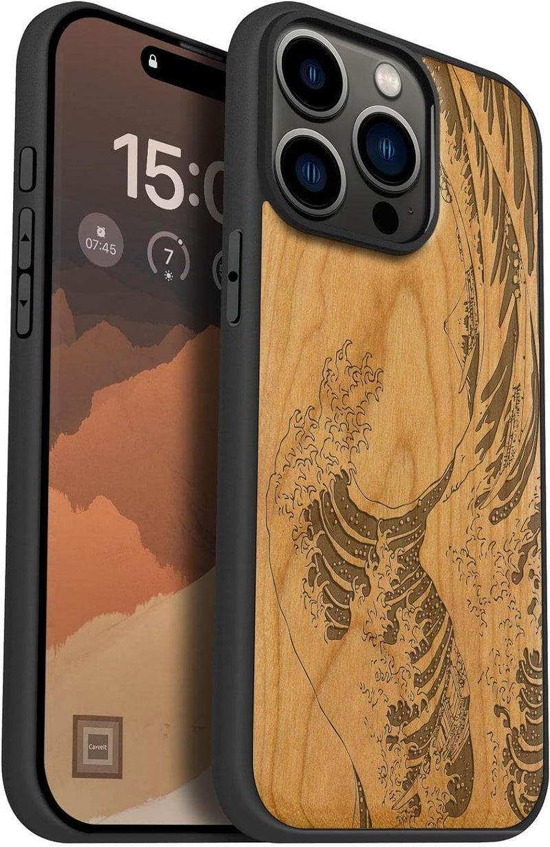 Carveit Handyhülle für iPhone 15 Pro Max Cover Kompatibel mit Magsafe [Holz und TPU Silikon Hybrid h