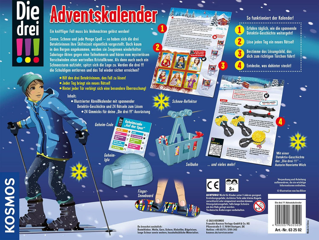 Kosmos 632502 Die DREI !!! Adventskalender 2023, Löse das Rätsel um das Geheimnis auf der Ski-Freize