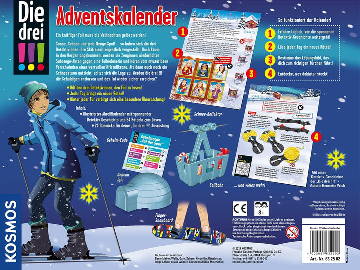 Kosmos 632502 Die DREI !!! Adventskalender 2023, Löse das Rätsel um das Geheimnis auf der Ski-Freize