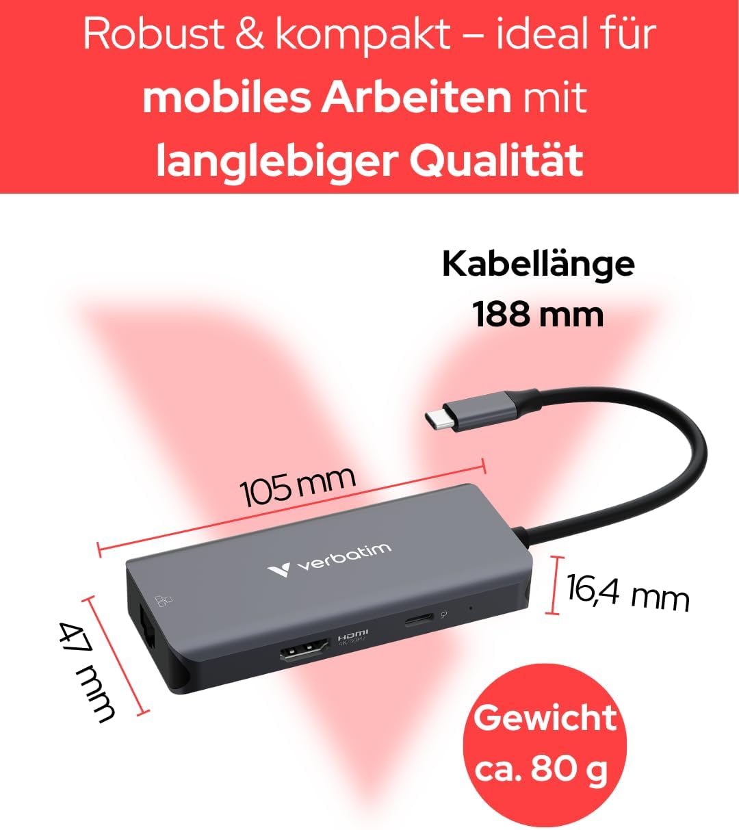 Verbatim USB-C Essentials Multiport Hub, 6 Anschlüsse: RJ45, HDMI, USB-C PD bis 100W, 3× USB-A 3.2 G