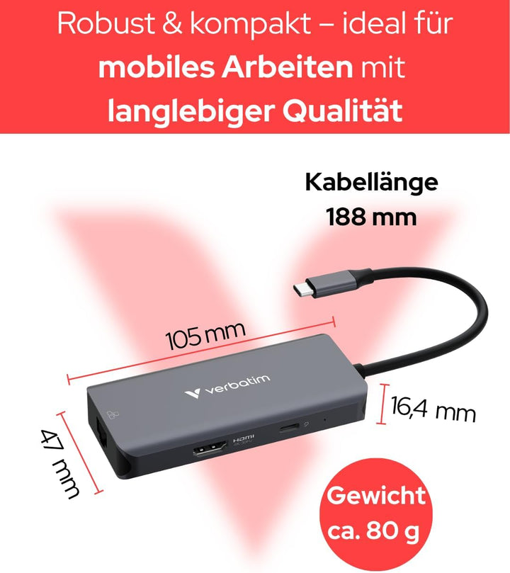 Verbatim USB-C Essentials Multiport Hub, 6 Anschlüsse: RJ45, HDMI, USB-C PD bis 100W, 3× USB-A 3.2 G