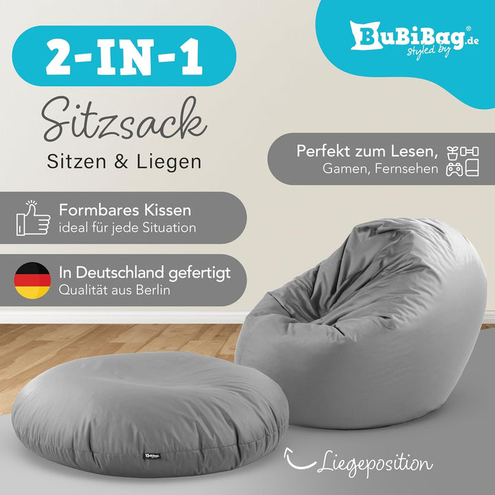 BuBiBag 2in1 Sitzsack L - XXL mit Füllung für Kinder &amp; Erwachsene, Gaming Beanbag &amp; Bodenkissen für