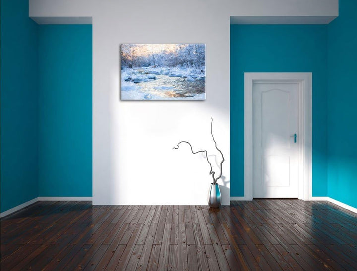 Pixxprint Bach in Winterlandschaft Pinsel Effekt, Format: 100x70 auf Leinwand, 100x70