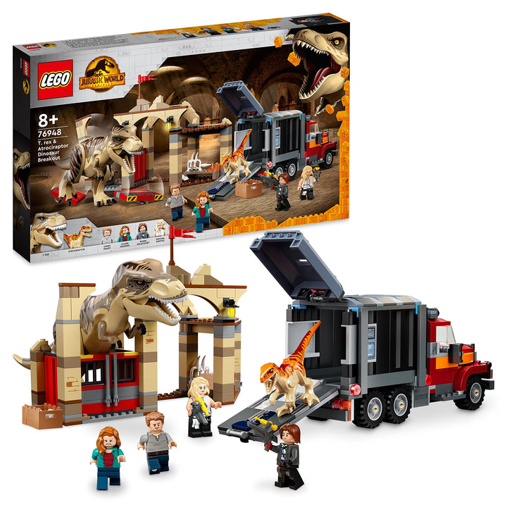 LEGO 76948 Jurassic World T. Rex & Atrociraptor: Dinosaurier-Ausbruch, Set mit LKW und 4 Minifiguren