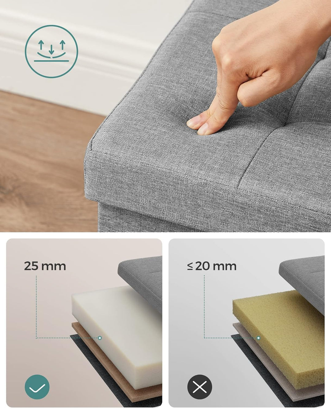 SONGMICS Sitzbank mit Stauraum, klappbare Sitztruhe, Aufbewahrungsbox, 38 x 76 x 38 cm, Deckel klapp