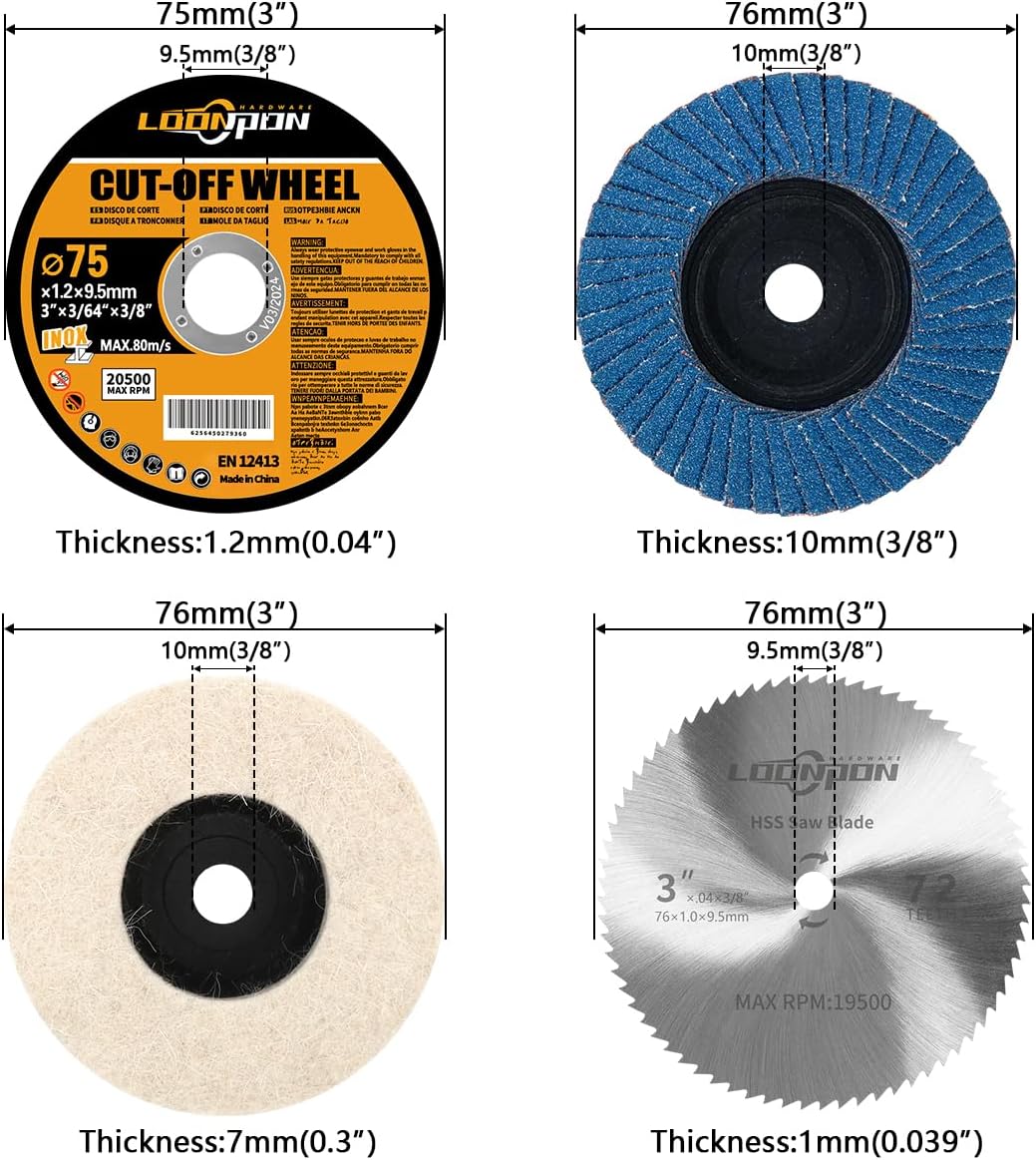 Mini Winkelschleifer Zubehör,76mm Trennscheiben,Fächerscheiben,Polierscheiben,für 12V Winkelschleife