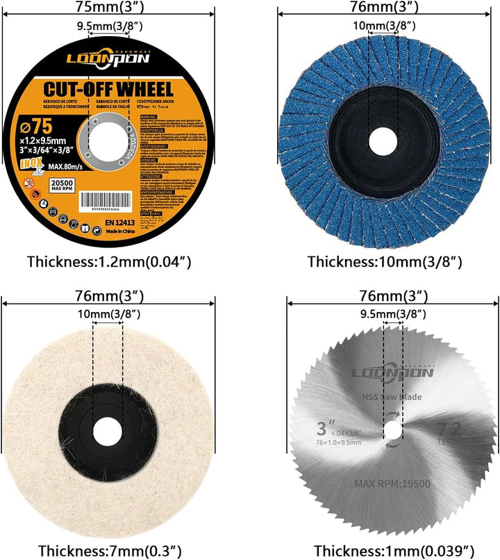 Mini Winkelschleifer Zubehör,76mm Trennscheiben,Fächerscheiben,Polierscheiben,für 12V Winkelschleife