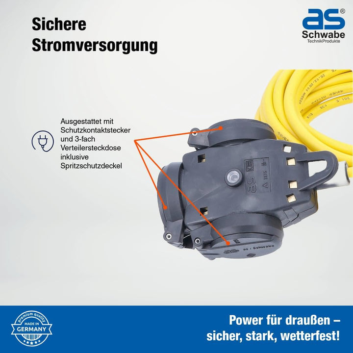 as - Schwabe 61454 3-fach Vollgummi-Verteilersteckdose, 3 m Verlängerung K35 IP44 Aussenbereich