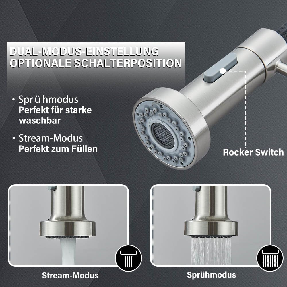 Niederdruck Küchenarmatur mit 2 Wasserstrahl 360° schwenkbar Einhand-Mischbatterie für Boiler/Untert