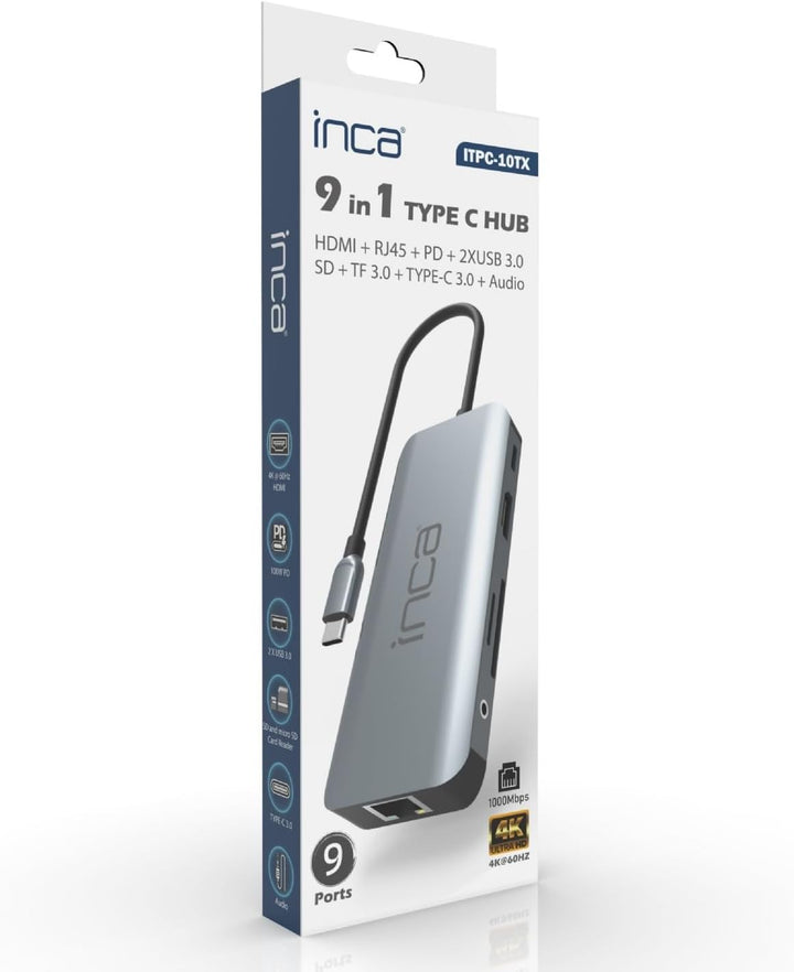 inca 9 in 1 USB C Hub ITPC-10TX, 2 x USB 3.0 + SD/TF Kartenleser + LAN 1000 Mbit/s + Daten + 3.5mm A