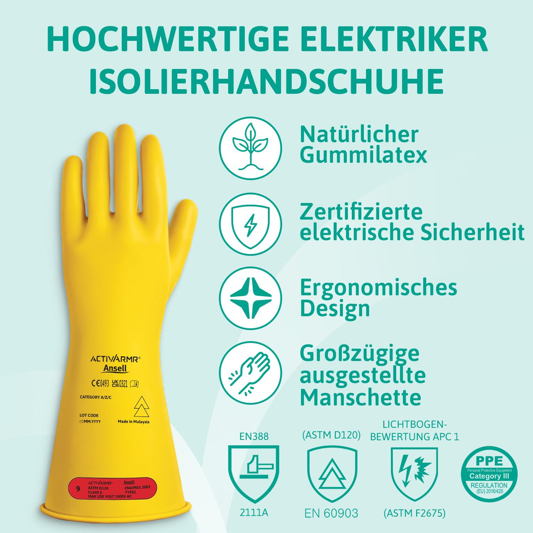 Ansell ActivArmr Elektriker-Schutzhandschuhe, Elektroschutz Klass 0 (1000V), Elektrisch Isolierende