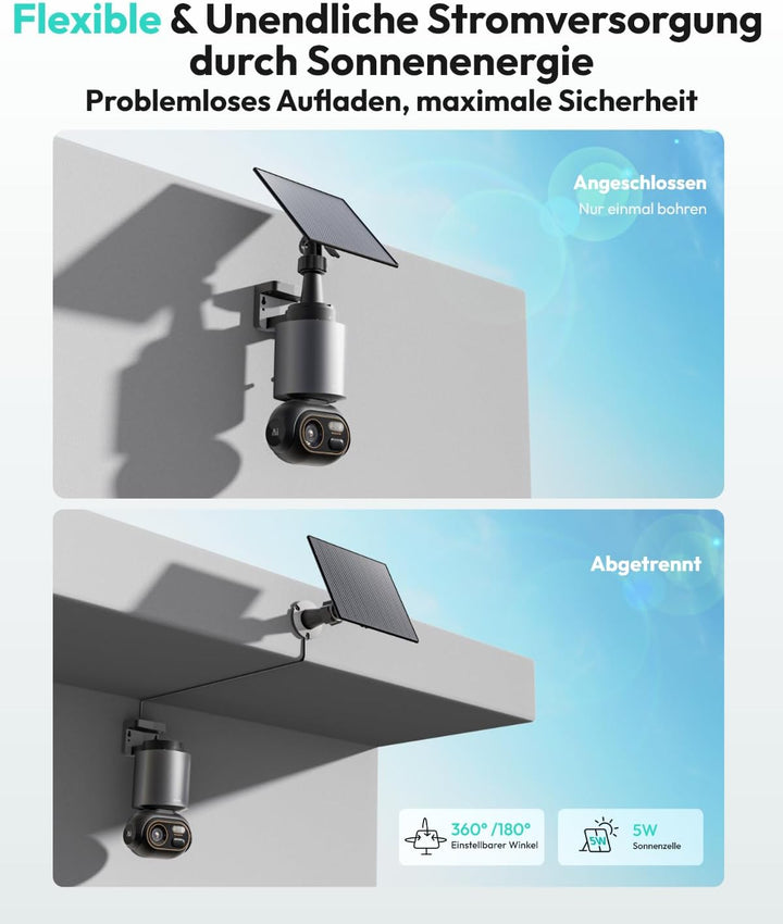 BOTSLAB 4K Überwachungskamera Aussen Solar Akku, 2 Cam-Kit, 32GB Lokaler Speicher, Keine Gebühren, 3
