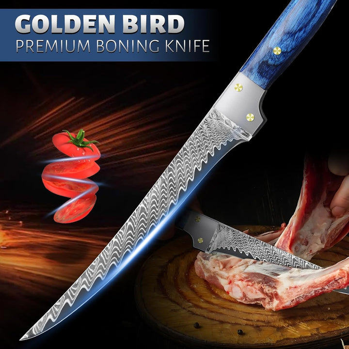 Golden Bird Filetiermesser 14,5 cm Ausbeinmesser aus Damaststahl mit VG10-Kern, professionelles Küch