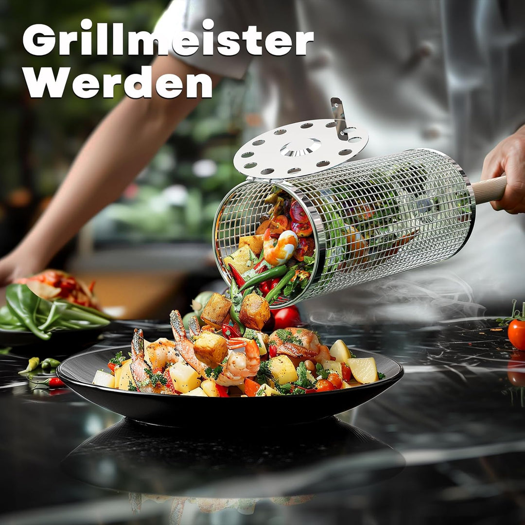 Ivtivfu Nestendes Rollendes Grillkorb Set mit Holzgriff (2 Stück, 24cm × 10cm), Rolling Grilling Bas