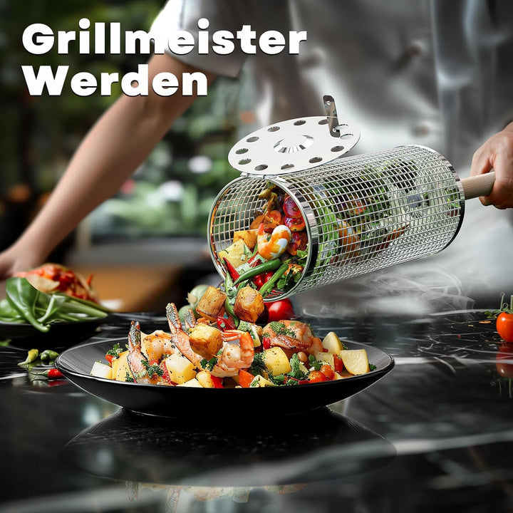 Ivtivfu Nestendes Rollendes Grillkorb Set mit Holzgriff (2 Stück, 24cm × 10cm), Rolling Grilling Bas