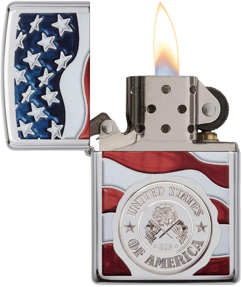 Zippo American Stempel auf Flagge Winddicht Feuerzeug – Chrom poliert American Stam On Flag, America