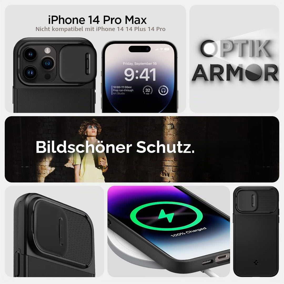 Spigen Optik Armor MagFit Hülle Kompatibel mit iPhone 14 Pro Max -Schwarz, Schwarz