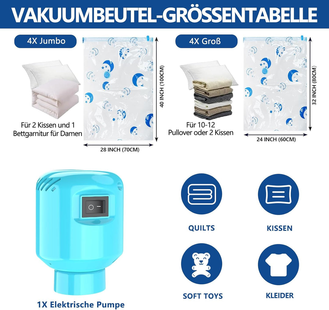 SZO Vakuumbeutel für Kleidung Bettdecken mit Elektrische Pumpe 8 Stück (4 Jumbo, 4 GroBe) Reise Schn