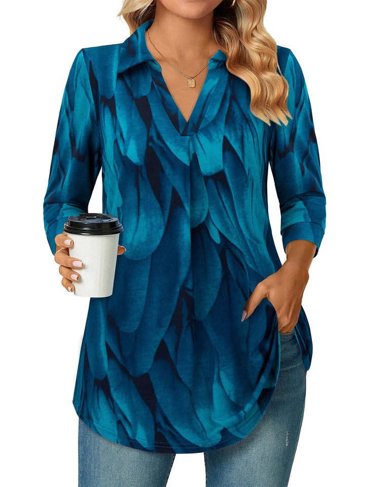 Siddhe Damen V-Ausschnitt Bluse 3/4 Ärmel Oberteile Tunika Tops Locker Longshirt Lässige T-Shirt Lan