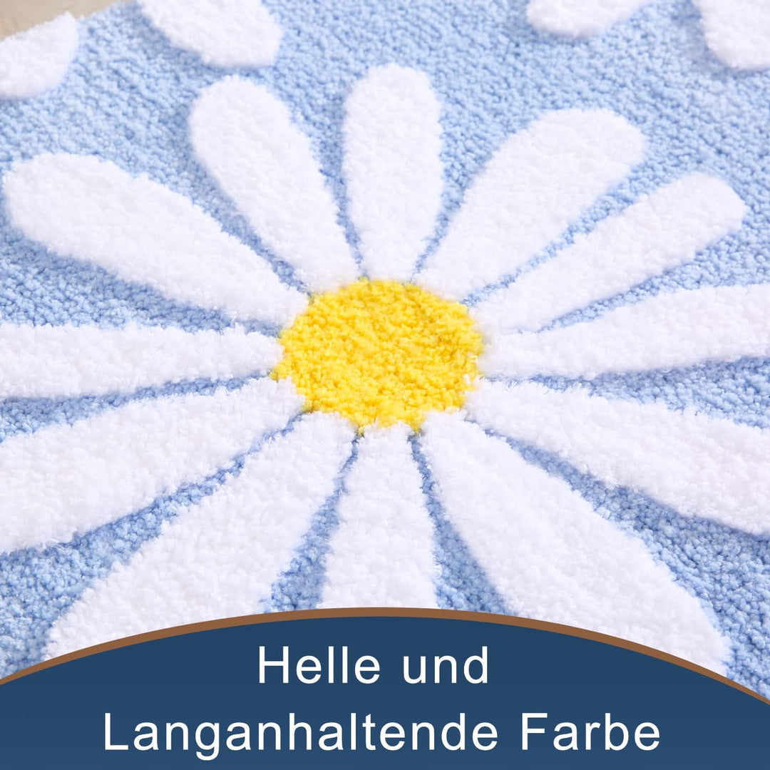 QJHOMO Blau Badezimmerteppich Niedliche Gänseblümchen Badematte rutschfest Waschbar Badteppich Weiss