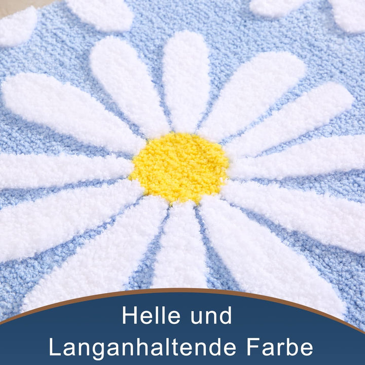 QJHOMO Blau Badezimmerteppich Niedliche Gänseblümchen Badematte rutschfest Waschbar Badteppich Weiss