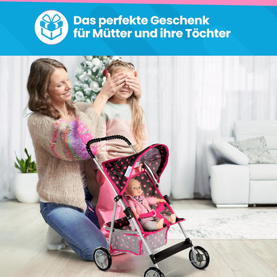 Kinderplay Puppenwagen, Puppenbuggy ab 3 Jahre - Puppen Buggy Puppe mit Anschnallgurt und Einkaufsne