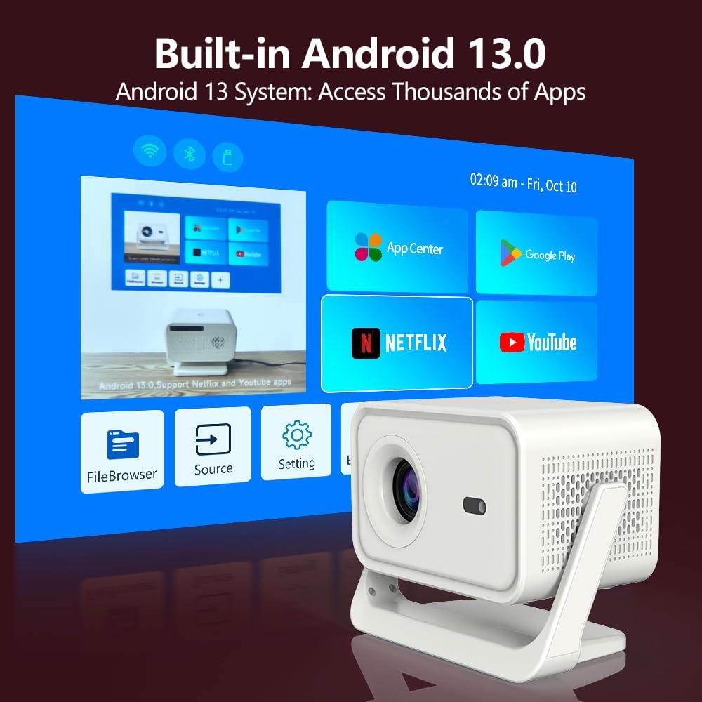 Mini Beamer 4K Unterstützung, Nativer 1080P, Tragbarer Smart Projektor mit WLAN und Bluetooth, Heimk