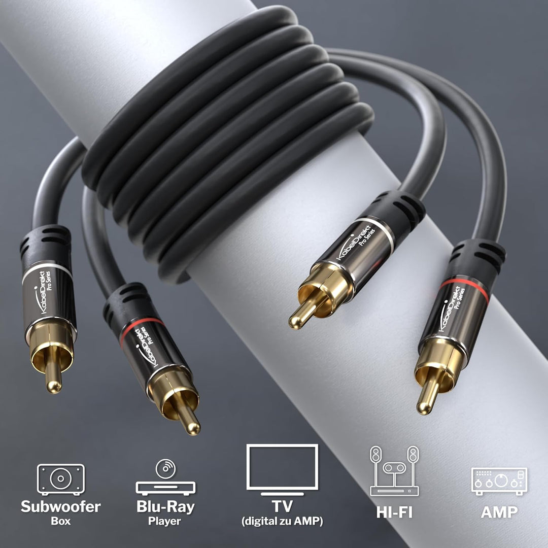 KabelDirekt – 10 m Cinch Kabel, Stereo Audio Kabel 2 x 2 Cinch besonders bruchfest & brillante Tonqu