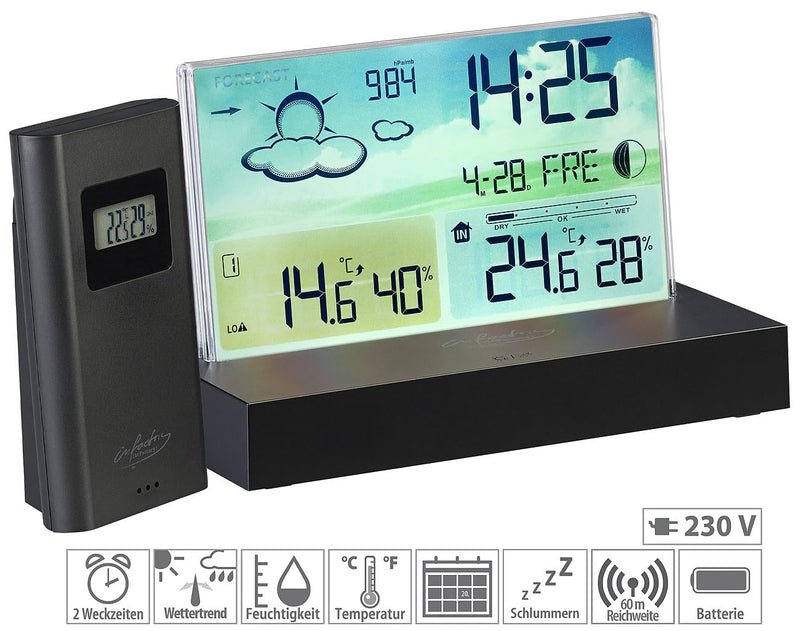 infactory Barometer: Funk-Wetterstation mit rahmenlosem LCD-Display, Aussensensor, Funk-Uhr (Digital