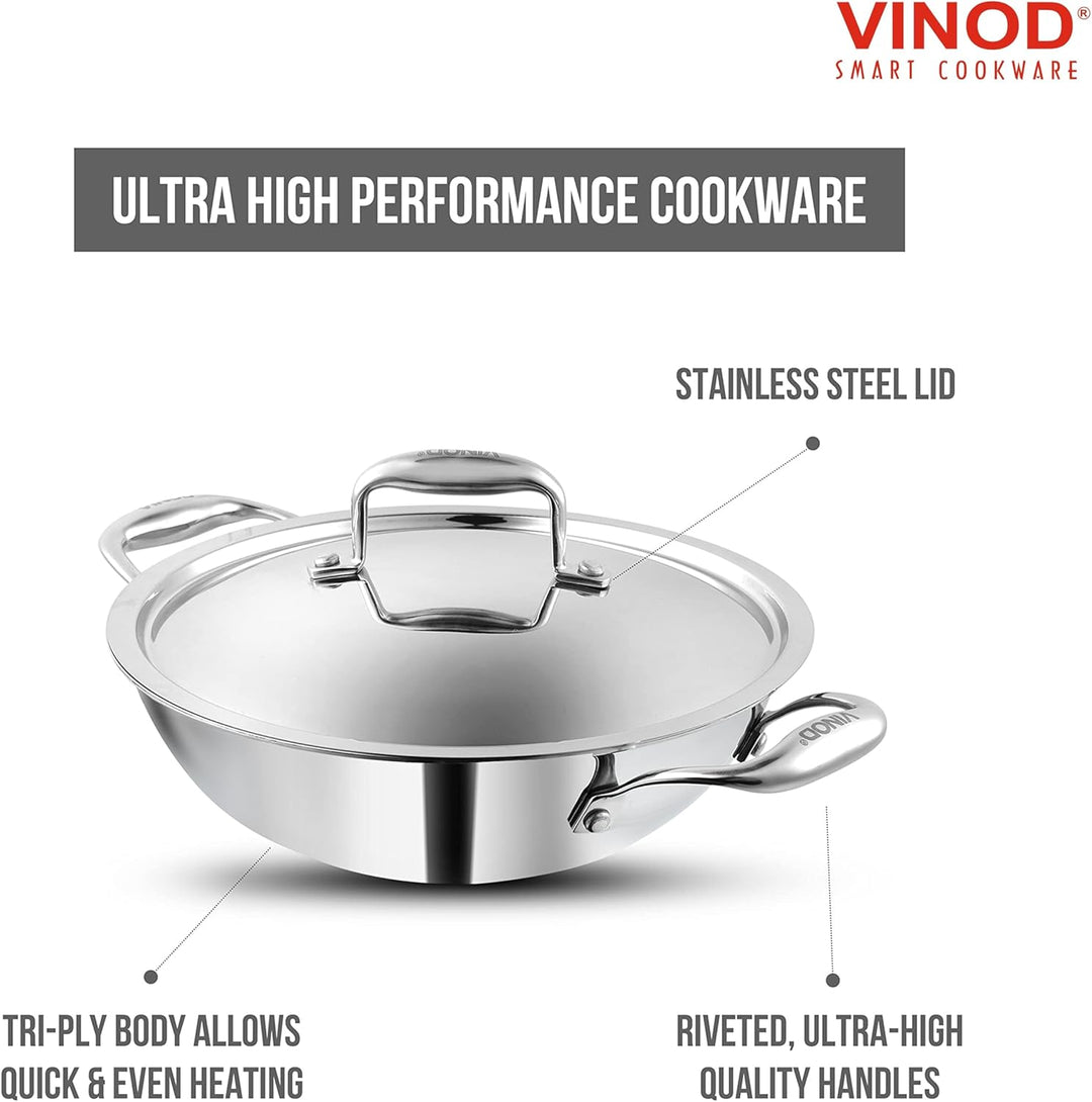 Vinod Platinum Triply Edelstahl-Kadai, geeignet für indische Küche, Saucen, Eintöpfe, Suppen, extra