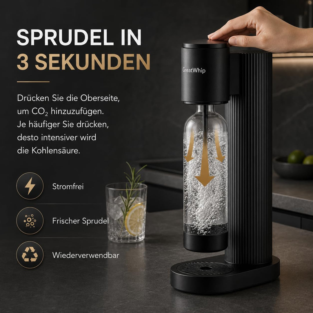 GreatWhip Wassersprudler Machine Schwarz, Sodamaschine, Kompatibel mit Einschraubbarem 60L CO2 Karbo