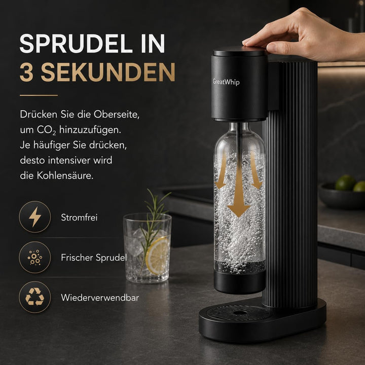 GreatWhip Wassersprudler Machine Schwarz, Sodamaschine, Kompatibel mit Einschraubbarem 60L CO2 Karbo