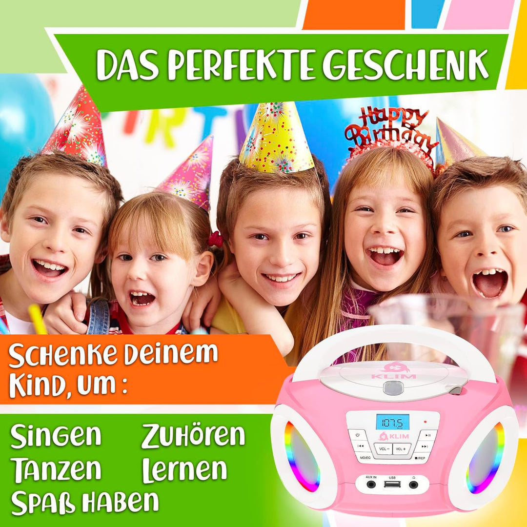 KLIM Candy Kids CD Player für Kinder - NEU - UKW-Radio - Inklusive Batterien - Rosa - Boombox tragba