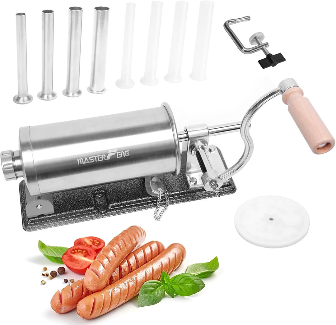 MASTER FENG 2,5 LBS Wurstfüllmaschine Horizontale Edelstahl-Füllmaschine Mit 8 Fülltrichtern und 1 S