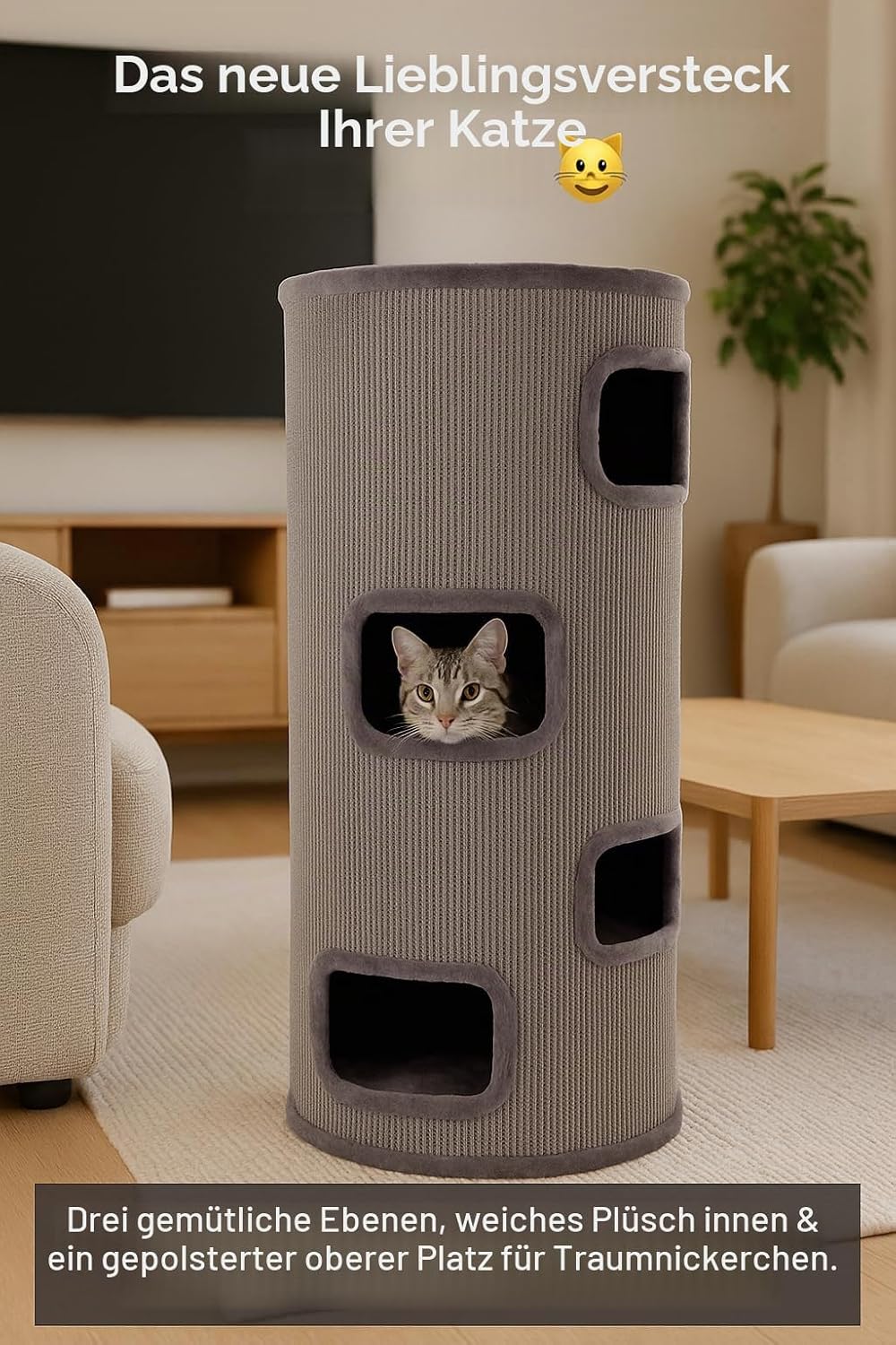 kratztonne für Katzen – Flamingo Enes S – 56 cm – Ø 42 cm – Sisal & Plüsch – kompakt Grau 56 cm – Ø